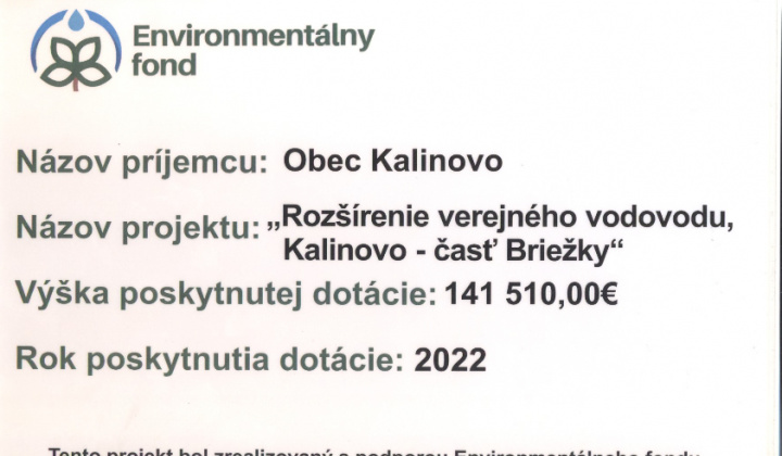 Fotka - Rozšírenie verejného vodovodu, Kalinovo - časť Briežky